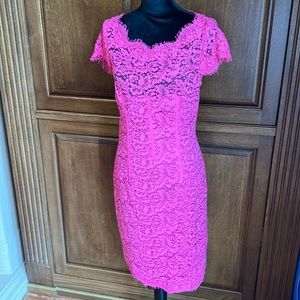 Monique Lhuillier pink lace midi dress.